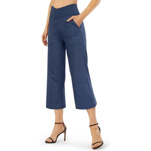 G4Free Capri Pants for Women with Pockets Cross Waist Wide Leg Yoga Pants | Sleek Soft, Moisture Wicking, 4-way Stretch, Loose Fitting, Summer Outfits, for Dressy Work Casual(Navy Heather)