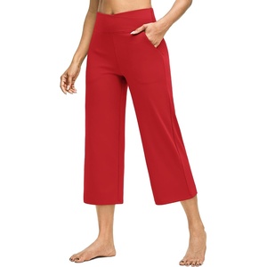 G4Free Capri Pants for Women with Pockets Cross Waist Wide Leg Yoga Pants | Sleek Soft, Moisture Wicking, 4-way Stretch, Loose Fitting, Summer Outfits, for Dressy Work Casual(Red)
