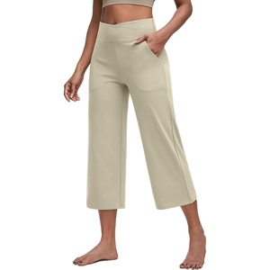 G4Free Capri Pants for Women with Pockets Cross Waist Wide Leg Yoga Pants | Sleek Soft, Moisture Wicking, 4-way Stretch, Loose Fitting, Summer Outfits, for Dressy Work Casual(Apricot)