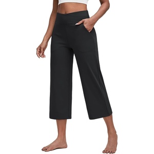 G4Free Capri Pants for Women with Pockets Cross Waist Wide Leg Yoga Pants | Sleek Soft, Moisture Wicking, 4-way Stretch, Loose Fitting, Summer Outfits, for Dressy Work Casual(Black)
