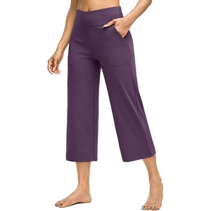 G4Free Capri Pants for Women with Pockets Cross Waist Wide Leg Yoga Pants | Sleek Soft, Moisture Wicking, 4-way Stretch, Loose Fitting, Summer Outfits, for Dressy Work Casual(Grape Purple)