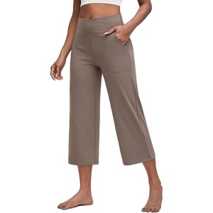 G4Free Capri Pants for Women with Pockets Cross Waist Wide Leg Yoga Pants | Sleek Soft, Moisture Wicking, 4-way Stretch, Loose Fitting, Summer Outfits, for Dressy Work Casual(Taupe)