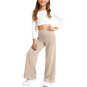 G4Free EverGoing Girls Wide Leg Pants with 2 Pockets Uniform Sweatpants | Moisture wicking, four-way stretch, V-Shape Cross Waist, Side Pockets, Wide Leg, 6-12 Years, Design for School or Casual(Light Khaki)