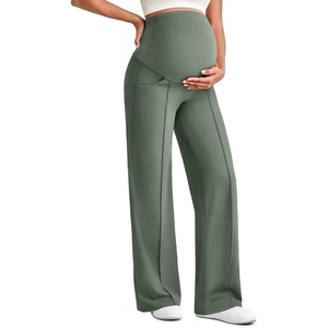 G4Free EverGoing Maternity Dress Pants Pregnancy Trousers Over the Belly | Front Seam,Two Side Pockets,Wide Leg,Sleek Soft,Slightly Brushed,Full Belly Coverage,for Work Casual Wear(Gray Sage)