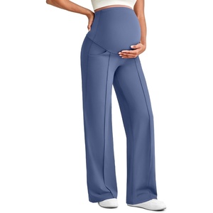 G4Free EverGoing Maternity Dress Pants Pregnancy Trousers Over the Belly | Front Seam,Two Side Pockets,Wide Leg,Sleek Soft,Slightly Brushed,Full Belly Coverage,for Work Casual Wear(Denim Blue)