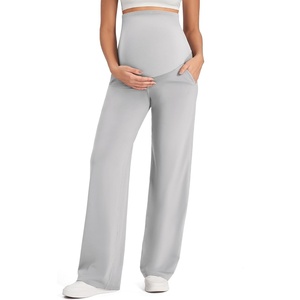 G4Free EverGoing Maternity Pants Over the Belly Pregnancy Work Trousers | Highly Stretchy,Two Side Pockets,Wide Leg,Full Belly,Sleek Soft,Slightly Brushed,for Dress Yoga Casual(Light Gray)