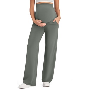 G4Free EverGoing Maternity Pants Over the Belly Pregnancy Work Trousers | Highly Stretchy,Two Side Pockets,Wide Leg,Full Belly,Sleek Soft,Slightly Brushed,for Dress Yoga Casual(Gray Sage)
