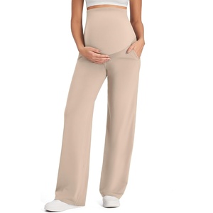 G4Free EverGoing Maternity Pants Over the Belly Pregnancy Work Trousers | Highly Stretchy,Two Side Pockets,Wide Leg,Full Belly,Sleek Soft,Slightly Brushed,for Dress Yoga Casual(Light Khaki)