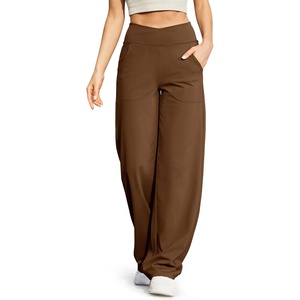 G4Free EverGoing Wide Leg Yoga Pants for Women Crossover Waist with Pockets | Moisture Wicking, Soft Comfortable Feel, 4-Way Stretch, High V Waist, Side Pockets, for Yoga, Work & Casual Wear(Dark Coffee)