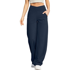 G4Free EverGoing Wide Leg Yoga Pants for Women Crossover Waist with Pockets | Moisture Wicking, Soft Comfortable Feel, 4-Way Stretch, High V Waist, Side Pockets, for Yoga, Work & Casual Wear(Dark Navy)