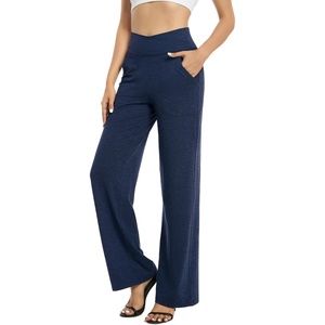 G4Free EverGoing Wide Leg Yoga Pants for Women Crossover Waist with Pockets | Moisture Wicking, Soft Comfortable Feel, 4-Way Stretch, High V Waist, Side Pockets, for Yoga, Work & Casual Wear(Navy Heather)