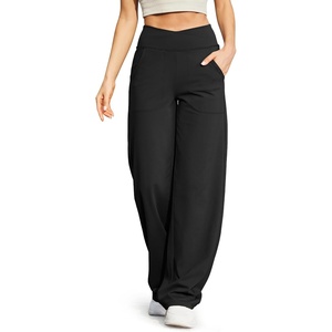 G4Free EverGoing Wide Leg Yoga Pants for Women Crossover Waist with Pockets | Moisture Wicking, Soft Comfortable Feel, 4-Way Stretch, High V Waist, Side Pockets, for Yoga, Work & Casual Wear(Black)