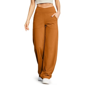 G4Free EverGoing Wide Leg Yoga Pants for Women Crossover Waist with Pockets | Moisture Wicking, Soft Comfortable Feel, 4-Way Stretch, High V Waist, Side Pockets, for Yoga, Work & Casual Wear(Brown Sugar)
