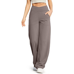 G4Free EverGoing Wide Leg Yoga Pants for Women Crossover Waist with Pockets | Moisture Wicking, Soft Comfortable Feel, 4-Way Stretch, High V Waist, Side Pockets, for Yoga, Work & Casual Wear(Taupe)