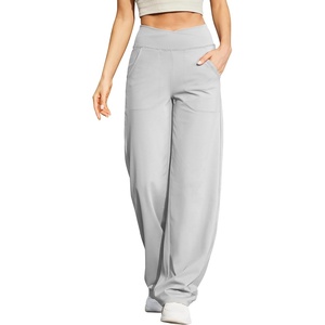 G4Free EverGoing Wide Leg Yoga Pants for Women Crossover Waist with Pockets | Moisture Wicking, Soft Comfortable Feel, 4-Way Stretch, High V Waist, Side Pockets, for Yoga, Work & Casual Wear(Light Grey)
