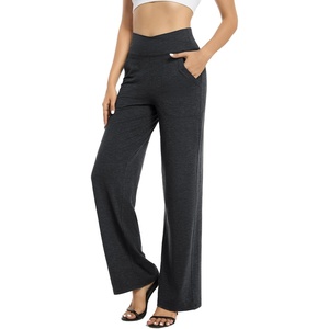 G4Free EverGoing Wide Leg Yoga Pants for Women Crossover Waist with Pockets | Moisture Wicking, Soft Comfortable Feel, 4-Way Stretch, High V Waist, Side Pockets, for Yoga, Work & Casual Wear(Charcoal Heather)