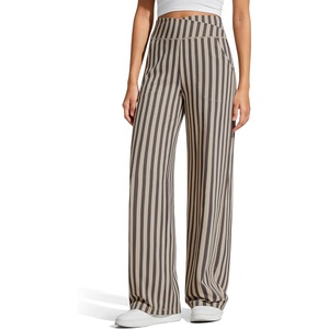 G4Free EverGoing Wide Leg Yoga Pants for Women Crossover Waist with Pockets | Moisture Wicking, Soft Comfortable Feel, 4-Way Stretch, High V Waist, Side Pockets, for Yoga, Work & Casual Wear(Khaki Stripe)