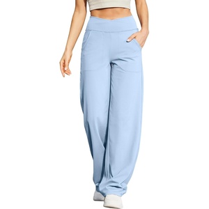 G4Free EverGoing Wide Leg Yoga Pants for Women Crossover Waist with Pockets | Moisture Wicking, Soft Comfortable Feel, 4-Way Stretch, High V Waist, Side Pockets, for Yoga, Work & Casual Wear(Baby Blue)