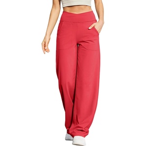 G4Free EverGoing Wide Leg Yoga Pants for Women Crossover Waist with Pockets | Moisture Wicking, Soft Comfortable Feel, 4-Way Stretch, High V Waist, Side Pockets, for Yoga, Work & Casual Wear(Red)