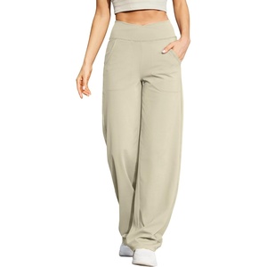 G4Free EverGoing Wide Leg Yoga Pants for Women Crossover Waist with Pockets | Moisture Wicking, Soft Comfortable Feel, 4-Way Stretch, High V Waist, Side Pockets, for Yoga, Work & Casual Wear(Apricot)