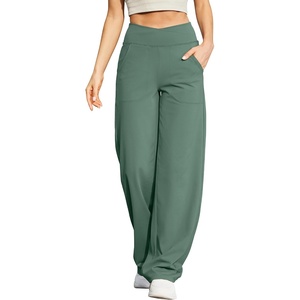 G4Free EverGoing Wide Leg Yoga Pants for Women Crossover Waist with Pockets | Moisture Wicking, Soft Comfortable Feel, 4-Way Stretch, High V Waist, Side Pockets, for Yoga, Work & Casual Wear(Sage Green)