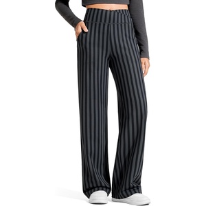 G4Free EverGoing Wide Leg Yoga Pants for Women Crossover Waist with Pockets | Moisture Wicking, Soft Comfortable Feel, 4-Way Stretch, High V Waist, Side Pockets, for Yoga, Work & Casual Wear(Grey and Black Stripe)