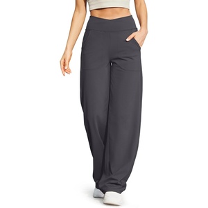 G4Free EverGoing Wide Leg Yoga Pants for Women Crossover Waist with Pockets | Moisture Wicking, Soft Comfortable Feel, 4-Way Stretch, High V Waist, Side Pockets, for Yoga, Work & Casual Wear(Deep Grey)