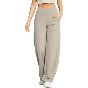 G4Free EverGoing Wide Leg Yoga Pants for Women Crossover Waist with Pockets | Moisture Wicking, Soft Comfortable Feel, 4-Way Stretch, High V Waist, Side Pockets, for Yoga, Work & Casual Wear(Mocha)