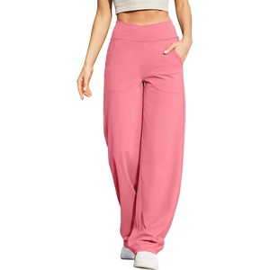 G4Free EverGoing Wide Leg Yoga Pants for Women Crossover Waist with Pockets | Moisture Wicking, Soft Comfortable Feel, 4-Way Stretch, High V Waist, Side Pockets, for Yoga, Work & Casual Wear(Pink)