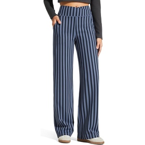 G4Free EverGoing Wide Leg Yoga Pants for Women Crossover Waist with Pockets | Moisture Wicking, Soft Comfortable Feel, 4-Way Stretch, High V Waist, Side Pockets, for Yoga, Work & Casual Wear(Navy Stripe)