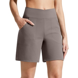 G4Free Evergoing Athletic Shorts for Women with Pockets 6″ Cross Waist | Soft Stretchy Fabric, Relaxed Fit, High Waist, Two Side Pockets, for Workout and Casual(Taupe)