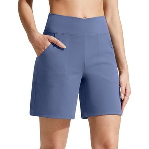 G4Free Evergoing Athletic Shorts for Women with Pockets 6″ Cross Waist | Soft Stretchy Fabric, Relaxed Fit, High Waist, Two Side Pockets, for Workout and Casual(Denim Blue)
