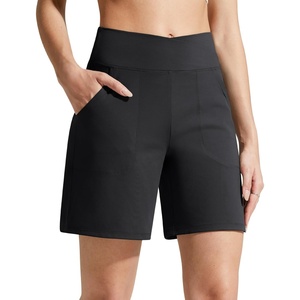 G4Free Evergoing Athletic Shorts for Women with Pockets 6″ Cross Waist | Soft Stretchy Fabric, Relaxed Fit, High Waist, Two Side Pockets, for Workout and Casual(Black)
