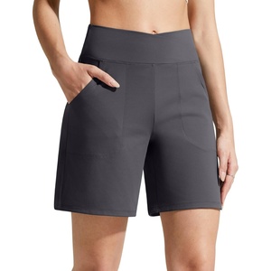 G4Free Evergoing Athletic Shorts for Women with Pockets 6″ Cross Waist | Soft Stretchy Fabric, Relaxed Fit, High Waist, Two Side Pockets, for Workout and Casual(Dark Gray)