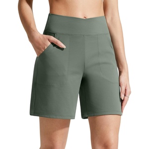 G4Free Evergoing Athletic Shorts for Women with Pockets 6″ Cross Waist | Soft Stretchy Fabric, Relaxed Fit, High Waist, Two Side Pockets, for Workout and Casual(Gray Sage)