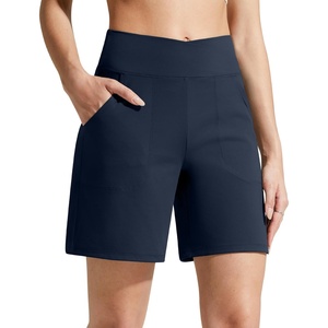 G4Free Evergoing Athletic Shorts for Women with Pockets 6″ Cross Waist | Soft Stretchy Fabric, Relaxed Fit, High Waist, Two Side Pockets, for Workout and Casual(Dark Navy)