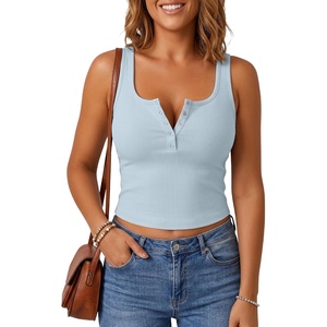 G4Free Ribbed Cropped Tank Tops for Women Square Neck Button Down Slim Fit | High stretch, breathable, henley neck design, button down, cropped length, sleeveless, slim fit, designed for casual, leisure(Blue Willow)