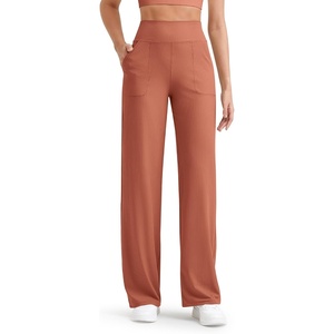 G4Free Ribbed Knit Wide Leg Pants Women with Pockets Lightweight Stretchy | Breathable, Moisture Wicking, Elastic Waist, High Rise, Loose Fit, for Casual Travel Yoga(Burnt Orange)