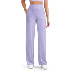 G4Free Ribbed Knit Wide Leg Pants Women with Pockets Lightweight Stretchy | Breathable, Moisture Wicking, Elastic Waist, High Rise, Loose Fit, for Casual Travel Yoga(Lavender)