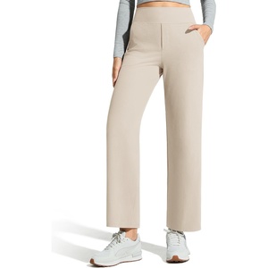 G4Free Ribbed Knit Wide Leg Pants Women with Pockets Lightweight Stretchy | Breathable, Moisture Wicking, Elastic Waist, High Rise, Loose Fit, for Casual Travel Yoga(Light Khaki)