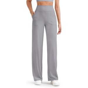 G4Free Ribbed Knit Wide Leg Pants Women with Pockets Lightweight Stretchy | Breathable, Moisture Wicking, Elastic Waist, High Rise, Loose Fit, for Casual Travel Yoga(Silver Gray)