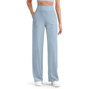 G4Free Ribbed Knit Wide Leg Pants Women with Pockets Lightweight Stretchy | Breathable, Moisture Wicking, Elastic Waist, High Rise, Loose Fit, for Casual Travel Yoga(Blue Willow)