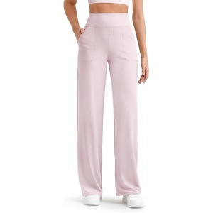 G4Free Ribbed Knit Wide Leg Pants Women with Pockets Lightweight Stretchy | Breathable, Moisture Wicking, Elastic Waist, High Rise, Loose Fit, for Casual Travel Yoga(Light Pink)
