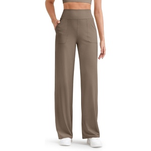 G4Free Ribbed Knit Wide Leg Pants Women with Pockets Lightweight Stretchy | Breathable, Moisture Wicking, Elastic Waist, High Rise, Loose Fit, for Casual Travel Yoga(Dark Brown)