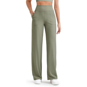 G4Free Ribbed Knit Wide Leg Pants Women with Pockets Lightweight Stretchy | Breathable, Moisture Wicking, Elastic Waist, High Rise, Loose Fit, for Casual Travel Yoga(Misty Green)