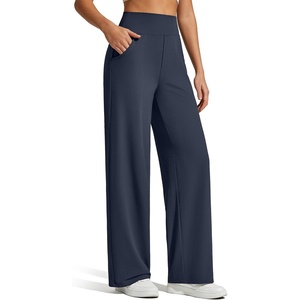 G4Free Ribbed Knit Wide Leg Pants Women with Pockets Lightweight Stretchy | Breathable, Moisture Wicking, Elastic Waist, High Rise, Loose Fit, for Casual Travel Yoga(Dark Blue)