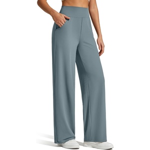G4Free Ribbed Knit Wide Leg Pants Women with Pockets Lightweight Stretchy | Breathable, Moisture Wicking, Elastic Waist, High Rise, Loose Fit, for Casual Travel Yoga(Gray Blue)