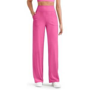 G4Free Ribbed Knit Wide Leg Pants Women with Pockets Lightweight Stretchy | Breathable, Moisture Wicking, Elastic Waist, High Rise, Loose Fit, for Casual Travel Yoga(Hot Pink)