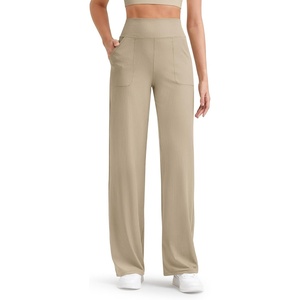 G4Free Ribbed Knit Wide Leg Pants Women with Pockets Lightweight Stretchy | Breathable, Moisture Wicking, Elastic Waist, High Rise, Loose Fit, for Casual Travel Yoga(Dirty Latte)