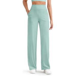 G4Free Ribbed Knit Wide Leg Pants Women with Pockets Lightweight Stretchy | Breathable, Moisture Wicking, Elastic Waist, High Rise, Loose Fit, for Casual Travel Yoga(Powder Blue)